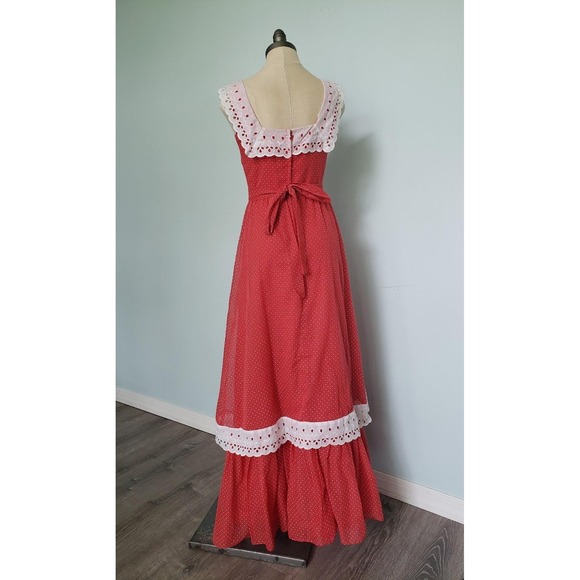VTG 70s Jay's Maxi Dress Red Polka Dot Eyelet Lace Prairie Cottagecore Waist Tie - Picture 2 of 10